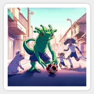 Cartoon anime Chimera Frog playing Football in Japan street Kawaii Sticker